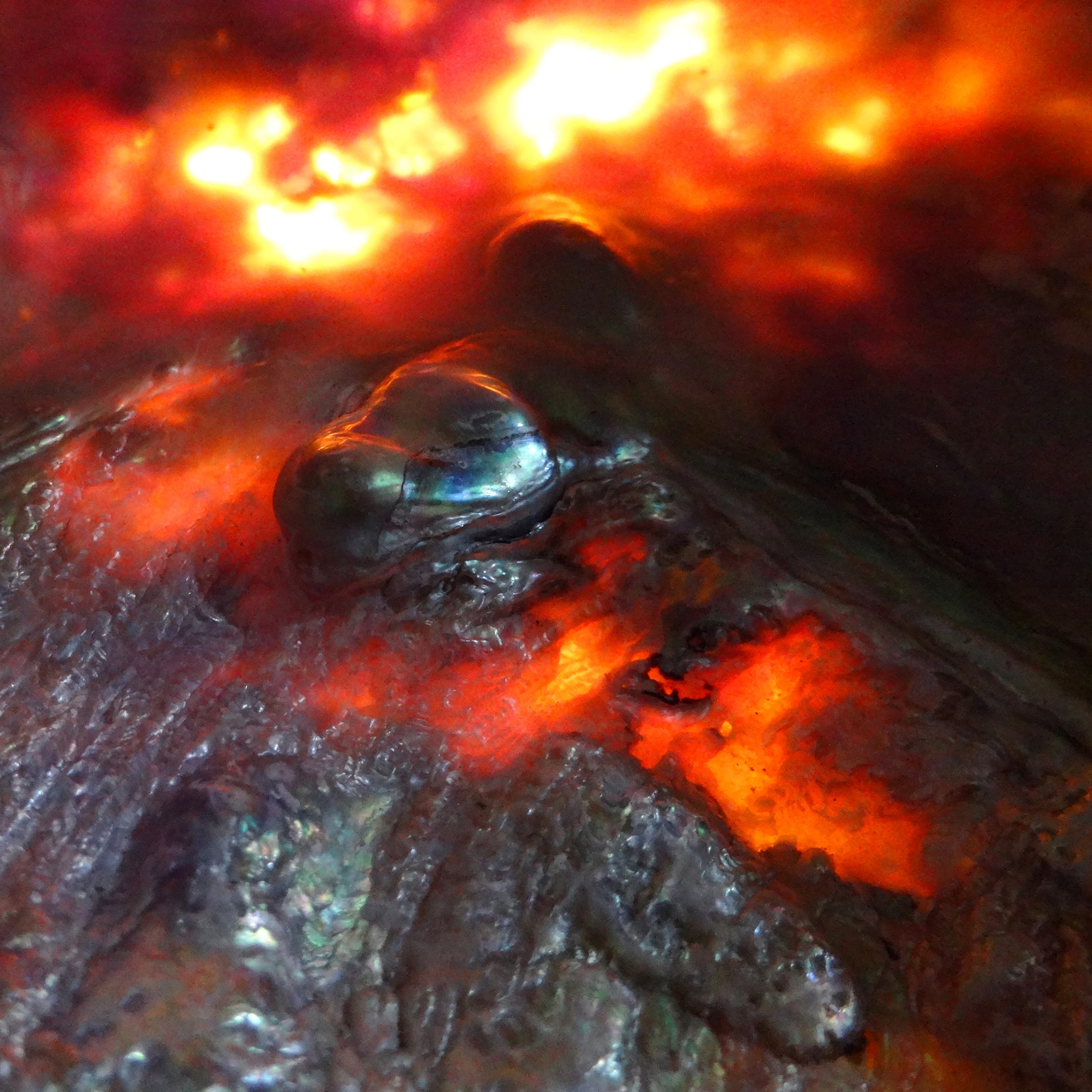Close-up of molten lava, showing a glowing orange and red surface with fiery reflections. The texture appears fluid and dynamic, with dark, metallic-looking areas cooling over the lava flow. Bright, intense colors create a dramatic and fiery scene, suggesting a volcanic environment.
