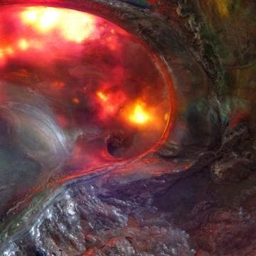A vibrant abstract image resembling a cosmic scene with swirling colors. Dominated by fiery red, orange, and yellow tones, it gives the impression of a glowing nebula. The fluid, wave-like patterns blend with dark, shadowy areas, creating a sense of depth and movement.