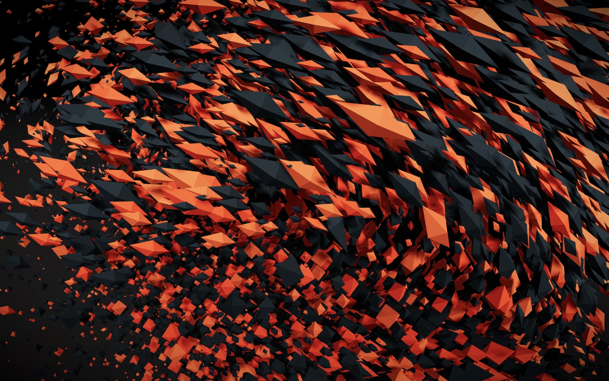 Abstract 3D fractal background: orange and black triangles create a mesmerizing pattern, resembling the graceful motion of a murmuration.