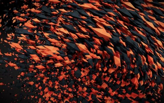 Abstract 3D fractal background: orange and black triangles create a mesmerizing pattern, resembling the graceful motion of a murmuration.