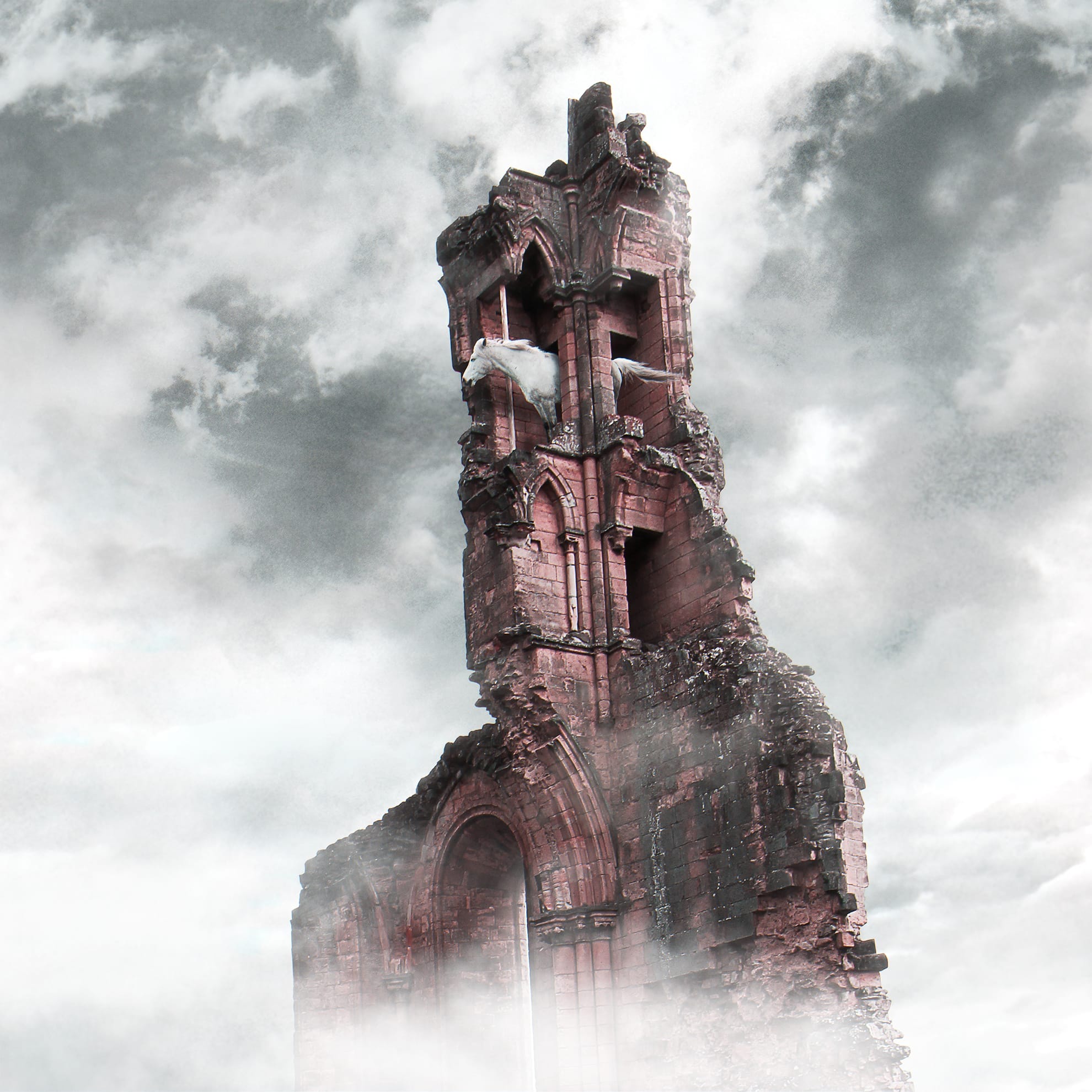 A tall, ancient stone tower stands amidst mist and clouds. The structure is partially ruined, with jagged edges and missing sections, suggesting its age. Its intricate architecture hints at a Gothic style. The sky around is overcast, adding a mystical and dramatic atmosphere.