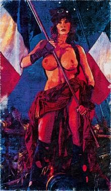 A digital artwork depicts a woman with a bare chest, holding a large flag. She wears a hat and fingerless gloves. A red cloth drapes around her waist. The background is composed of flags and intense colors, creating a dramatic and bold visual effect.