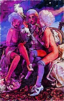 A digitally enhanced image depicts a historical scene with two people in elaborate 18th-century attire. They wear powdered wigs and vibrant, flamboyant costumes with feathered accessories. The background is abstract with vivid purples and blues, enhancing the theatrical atmosphere.