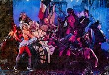 A vibrant painting depicts a group of people in 18th-century attire, some in extravagant costumes, gathered around a carriage. A woman in a white tutu stands prominently in the foreground. The scene is colorful, with a dramatic, theatrical atmosphere, evoking a sense of performance and celebration.