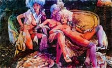 Three figures in 18th-century style wigs and stockings recline on a vintage sofa in an opulent setting. The colorful, abstract artwork blends historical and modern themes, with detailed textiles and vibrant tones enhancing the dramatic, sensual atmosphere.