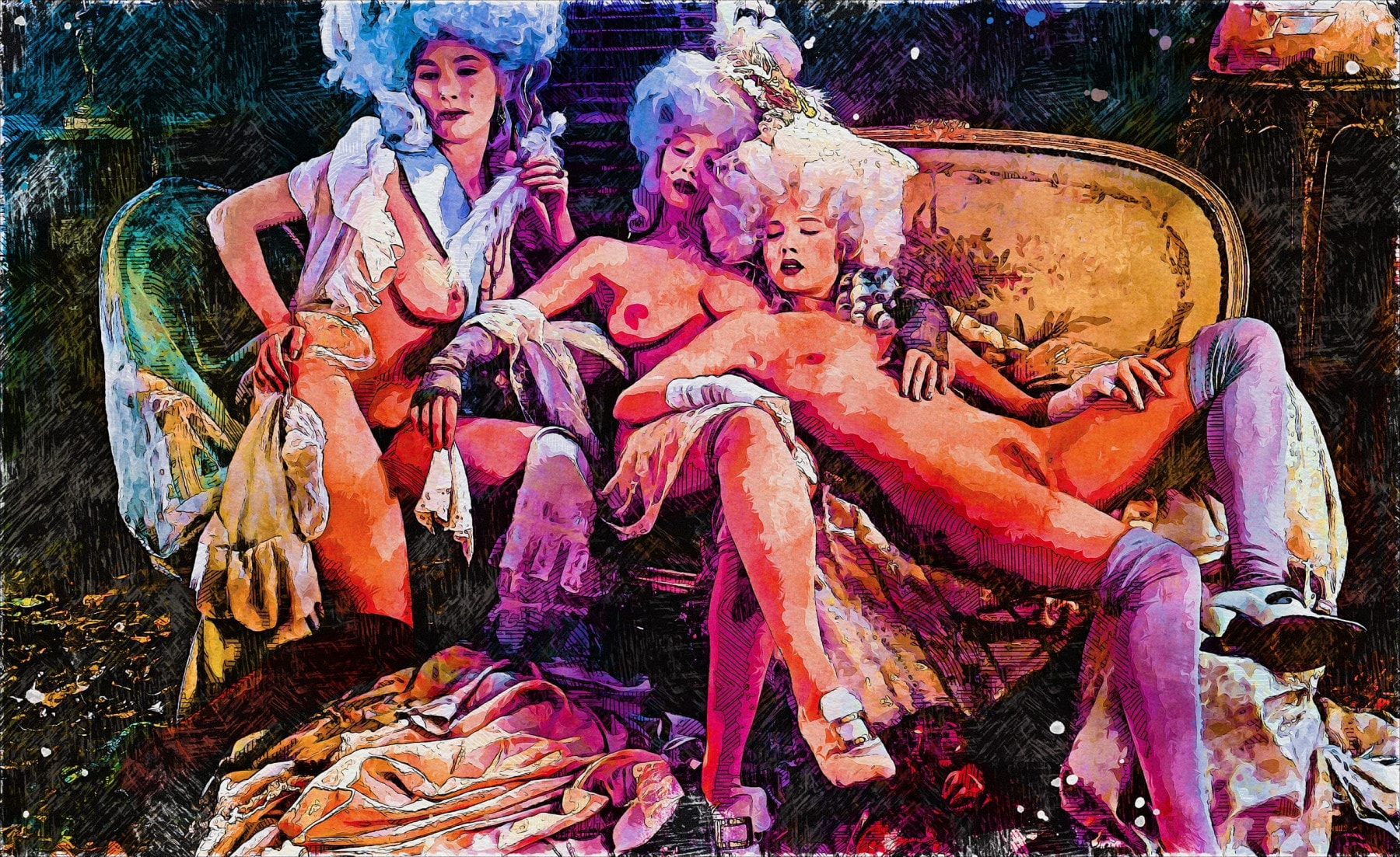 Three figures in 18th-century style wigs and stockings recline on a vintage sofa in an opulent setting. The colorful, abstract artwork blends historical and modern themes, with detailed textiles and vibrant tones enhancing the dramatic, sensual atmosphere.