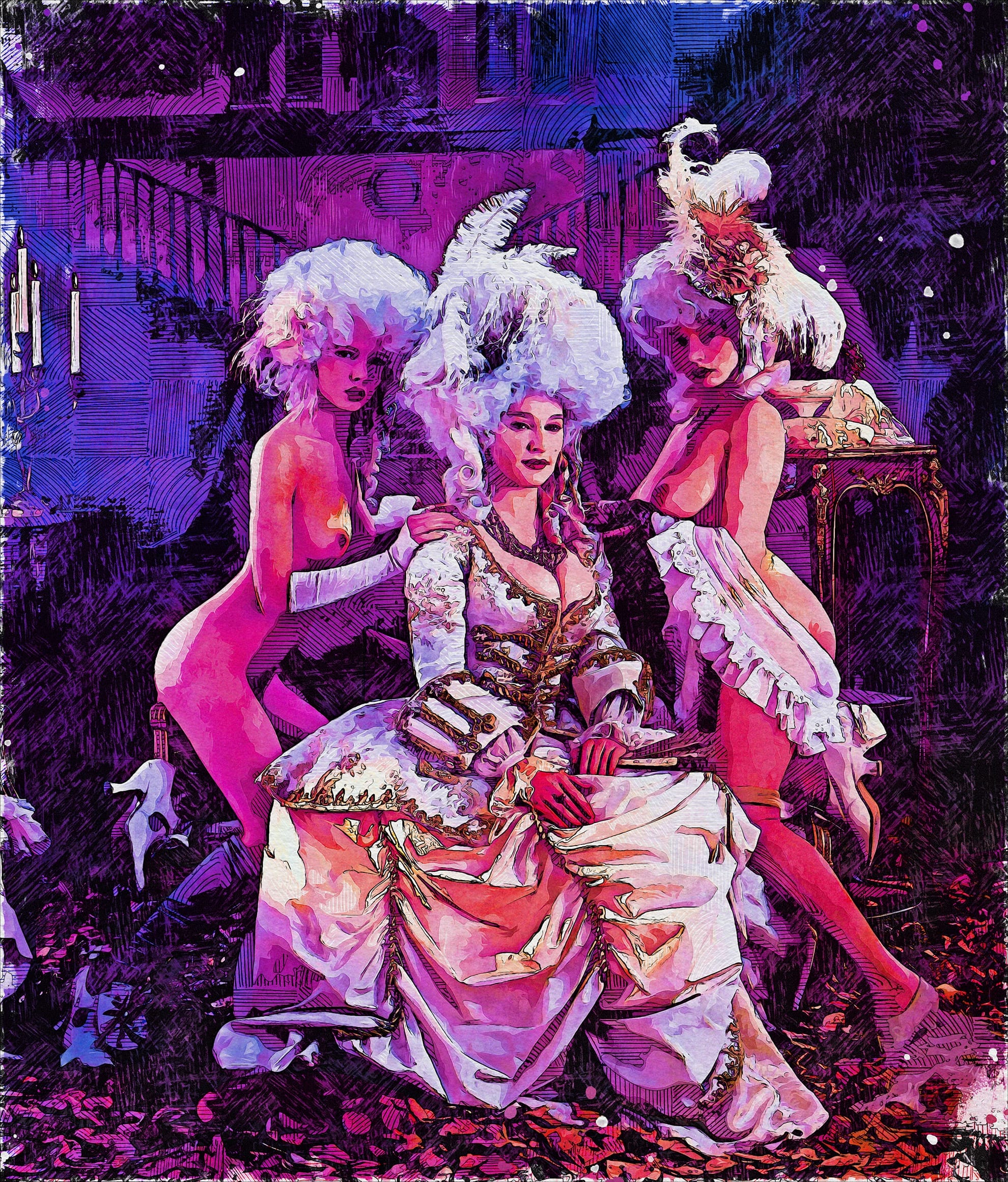 A baroque-inspired scene features a central figure seated in an elaborate white gown adorned with intricate patterns, flanked by two scantily clad individuals wearing extravagant feathered wigs. The vibrant background is a mix of rich purples and pinks, accented by scattered rose petals.