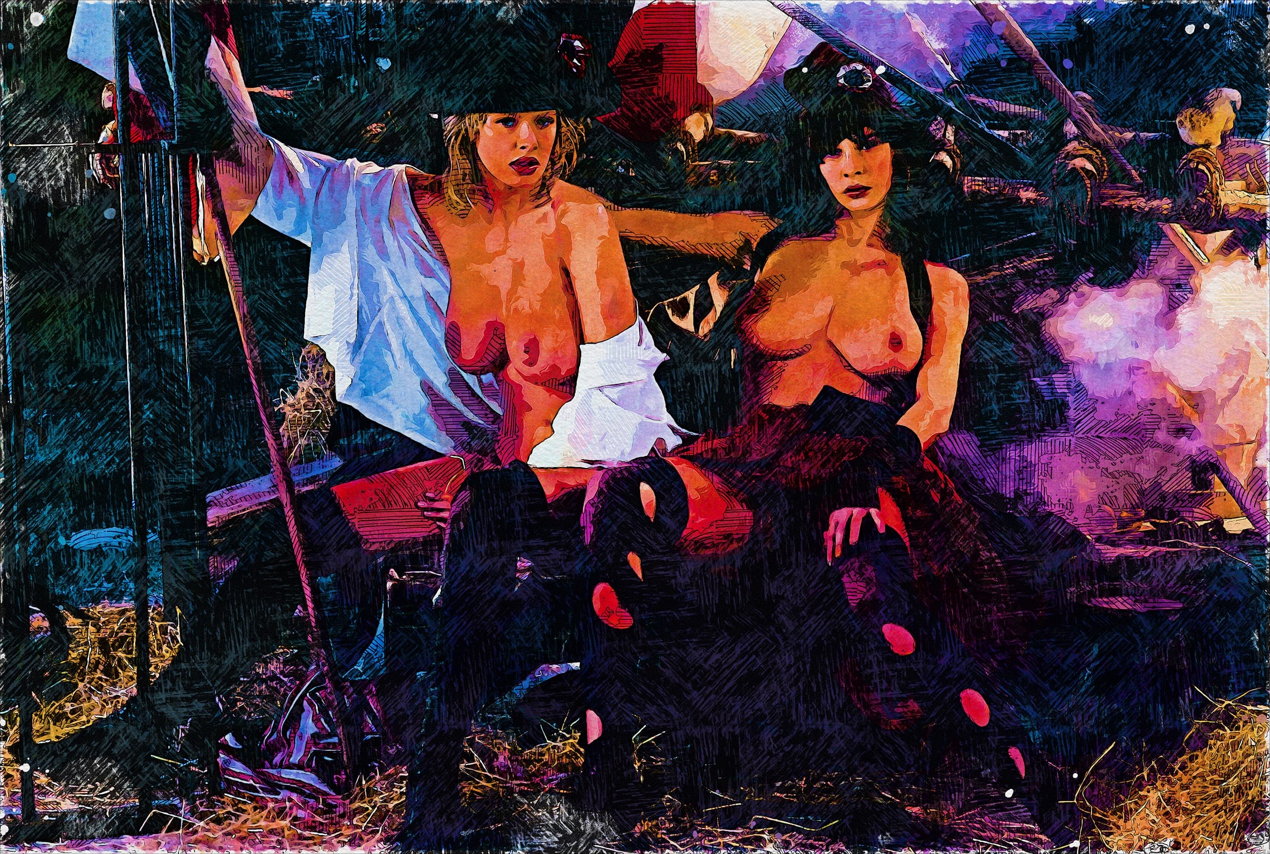 Two women dressed as pirates sit in a stylized, colorful setting. They wear pirate hats, open shirts, and dark skirts, surrounded by props like ropes and barrels. The scene has a textured, painterly effect, with blue and purple hues dominating the background.