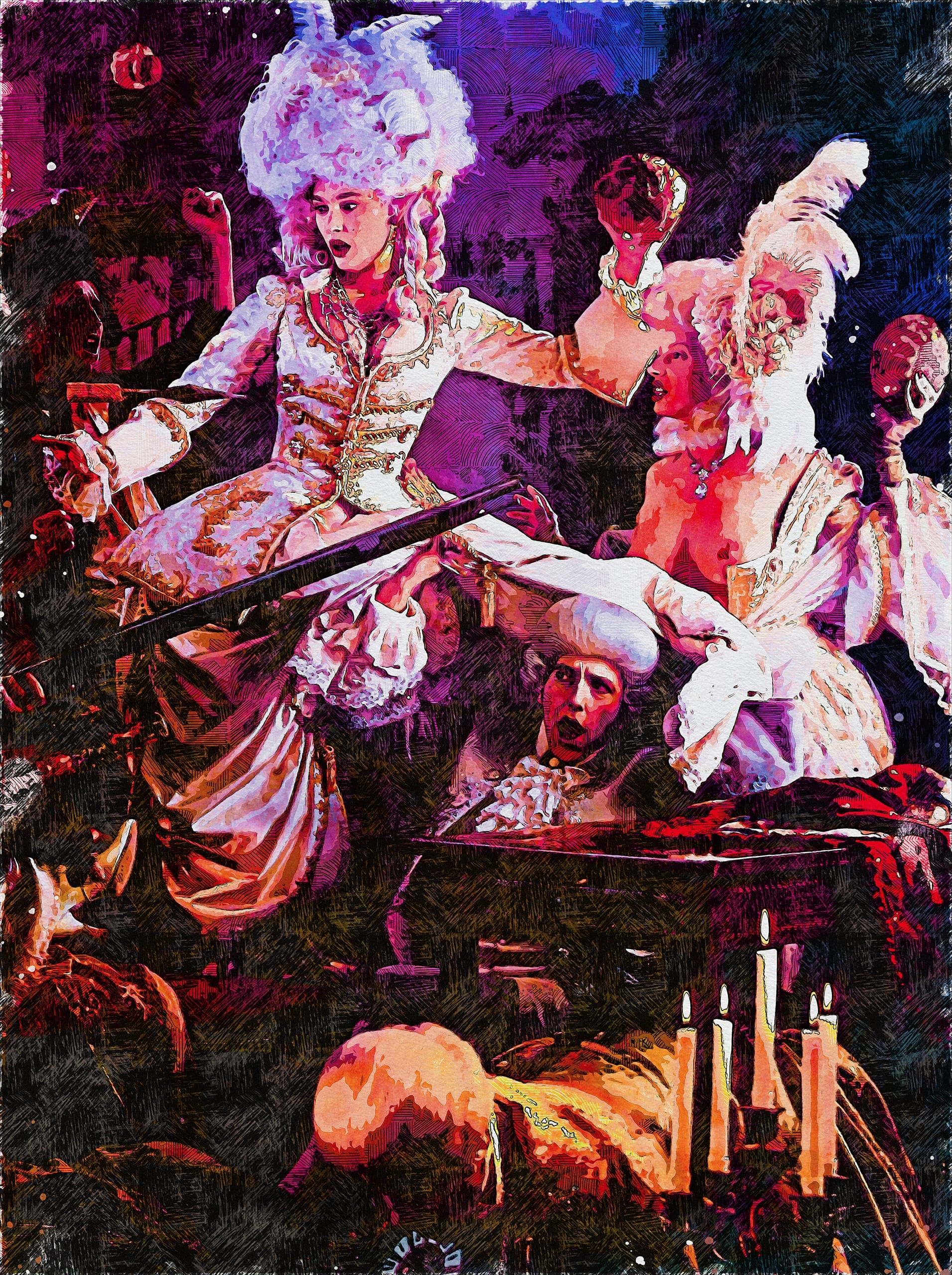 A vibrant baroque scene depicting a theatrically dressed woman with a large, ornate wig, gesturing dramatically. Beside her, another person in similar period attire raises a glass. Dim lighting surrounds them, with candles casting a warm glow, creating an opulent, festive atmosphere.