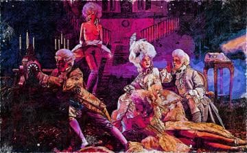 An elaborate, colorful painting depicts three people in 18th-century attire. One plays a harpsichord, another lounges elegantly, and a third, partially unclothed, climbs a staircase. The scene features opulent costumes, powdered wigs, and a lavish interior with a staircase and candelabra.