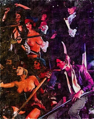 A vibrant, abstract painting depicts a group of people, some shirtless, holding weapons and looking determined. They are set against a dark, textured background. The scene is dynamic, with varied expressions and poses suggesting intensity and action. Reds, purples, and blues dominate the palette.