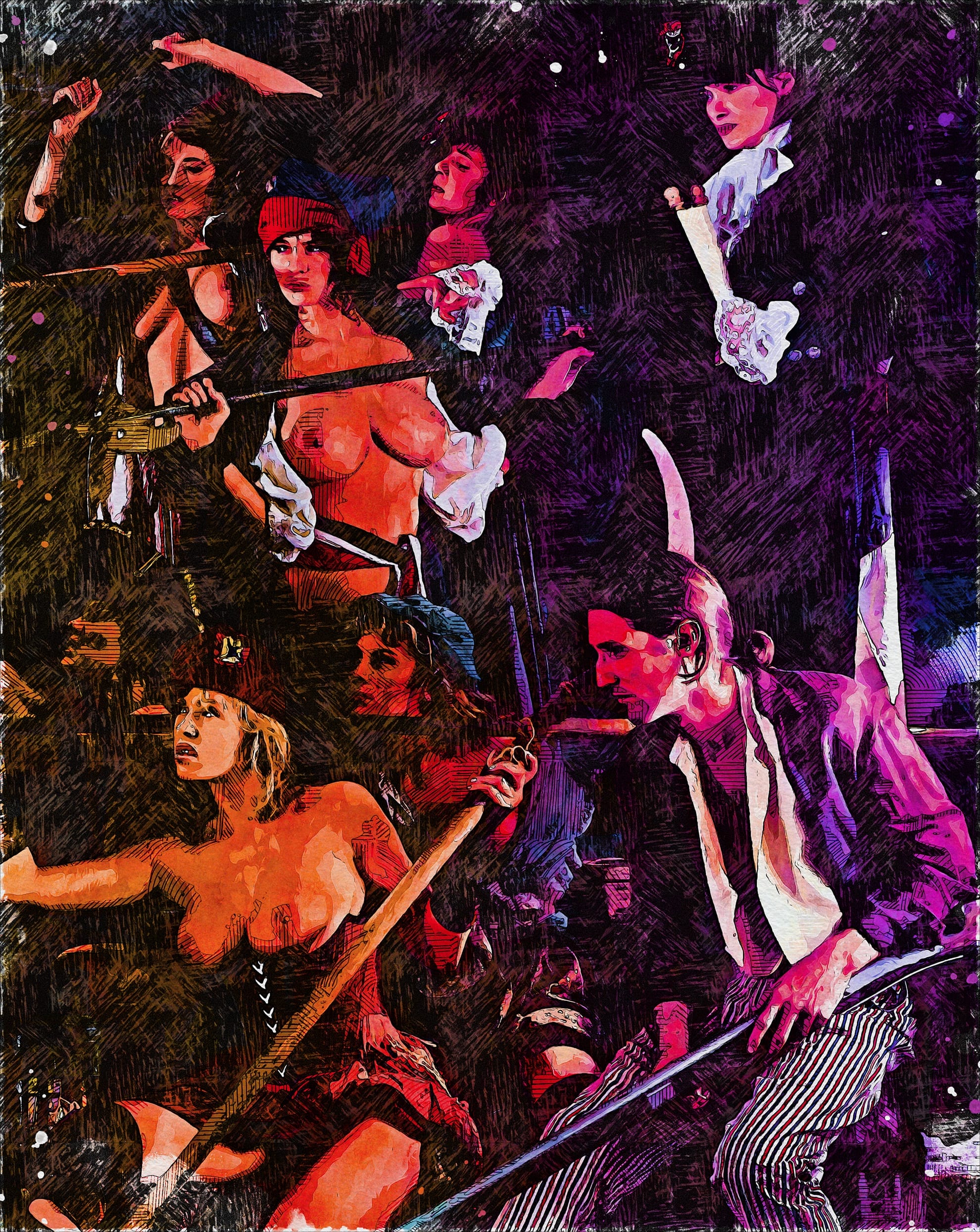 A vibrant, abstract painting depicts a group of people, some shirtless, holding weapons and looking determined. They are set against a dark, textured background. The scene is dynamic, with varied expressions and poses suggesting intensity and action. Reds, purples, and blues dominate the palette.