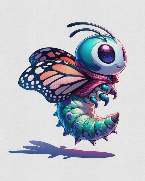 A colorful, cartoon-style insect character with a caterpillar body and butterfly wings is depicted. The creature has large, expressive purple eyes, and its wings feature a gradient of blue, purple, and orange with white spots. It appears cheerful and is casting a shadow on a white background.