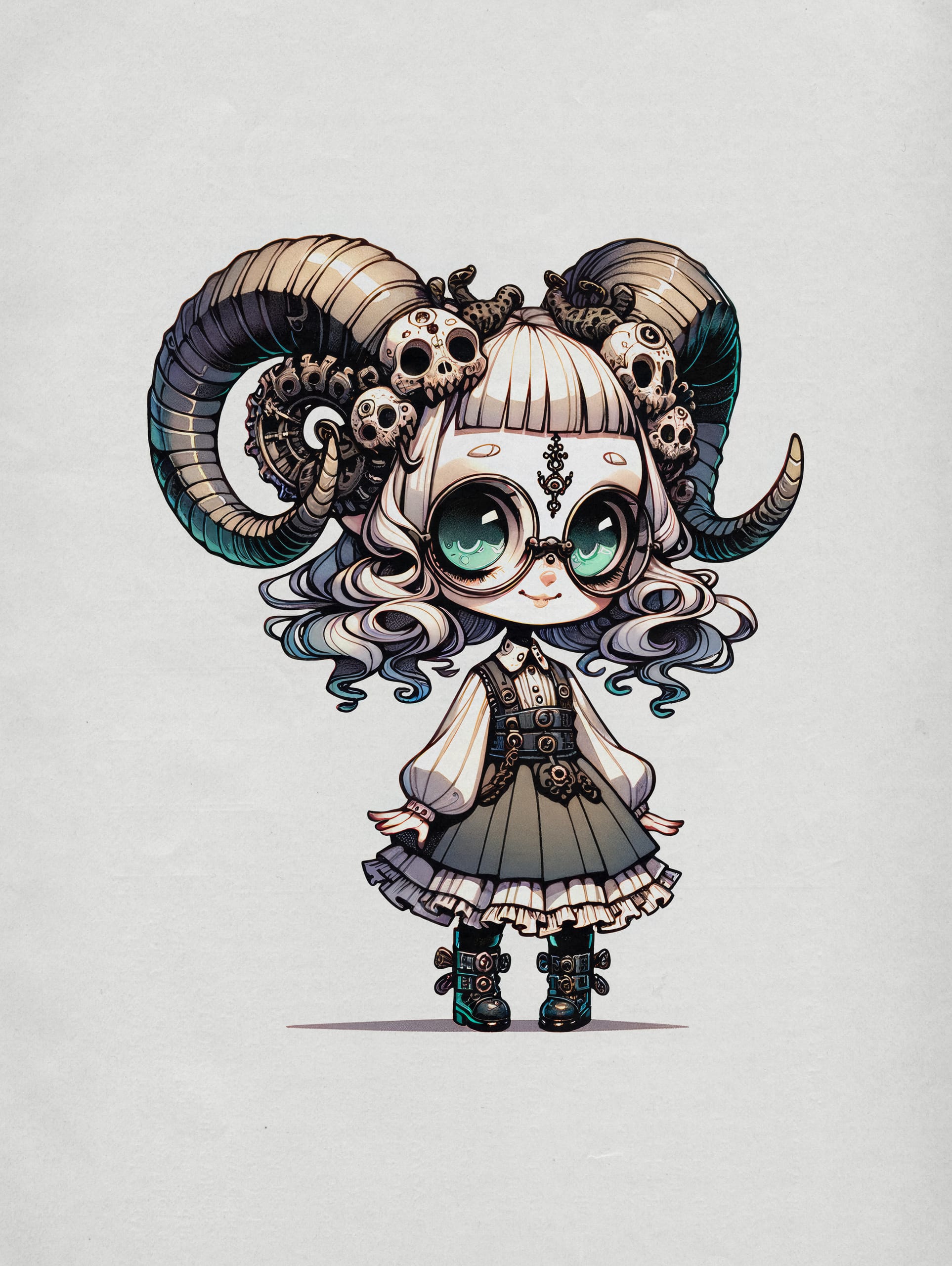 Illustration of a whimsical character with large curled horns adorned with gears and skulls. They have white hair, large teal eyes, and wear glasses. Their outfit is a steampunk-inspired dress with puffy sleeves and a layered skirt, complemented by detailed boots.