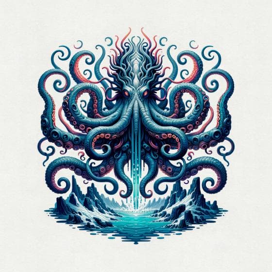 Intricate illustration of a mythical kraken with numerous swirling tentacles, emerging from a vibrant ocean. The creature is adorned with teal, blue, and pink hues, and ominous red eyes. The background features sharp, rocky formations under a pale sky, enhancing the mystical atmosphere.