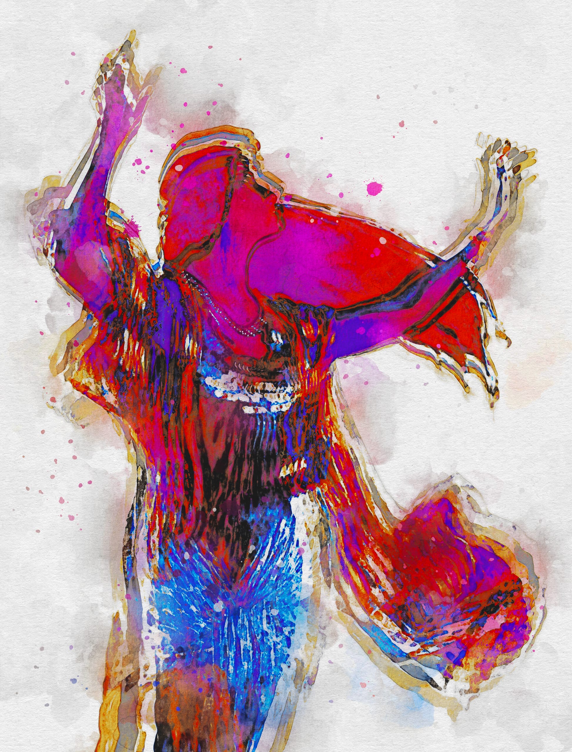 Stylized illustration of a woman with a red headscarf, depicted in vibrant colors such as purple, blue, and red. She is standing with her arms raised, looking upwards. The artwork features layered and streaked effects, giving it a dynamic, abstract quality against a white background.