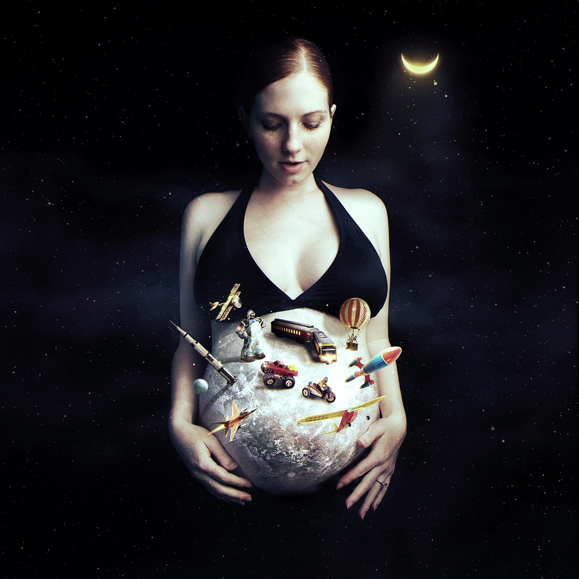 A woman in a black bikini top cradles a planet-like object in her hands, which represents her pregnant belly. Various miniature vehicles, including a bus, plane, and rocket, are situated on the planet’s surface. A crescent moon glows in the night sky above.