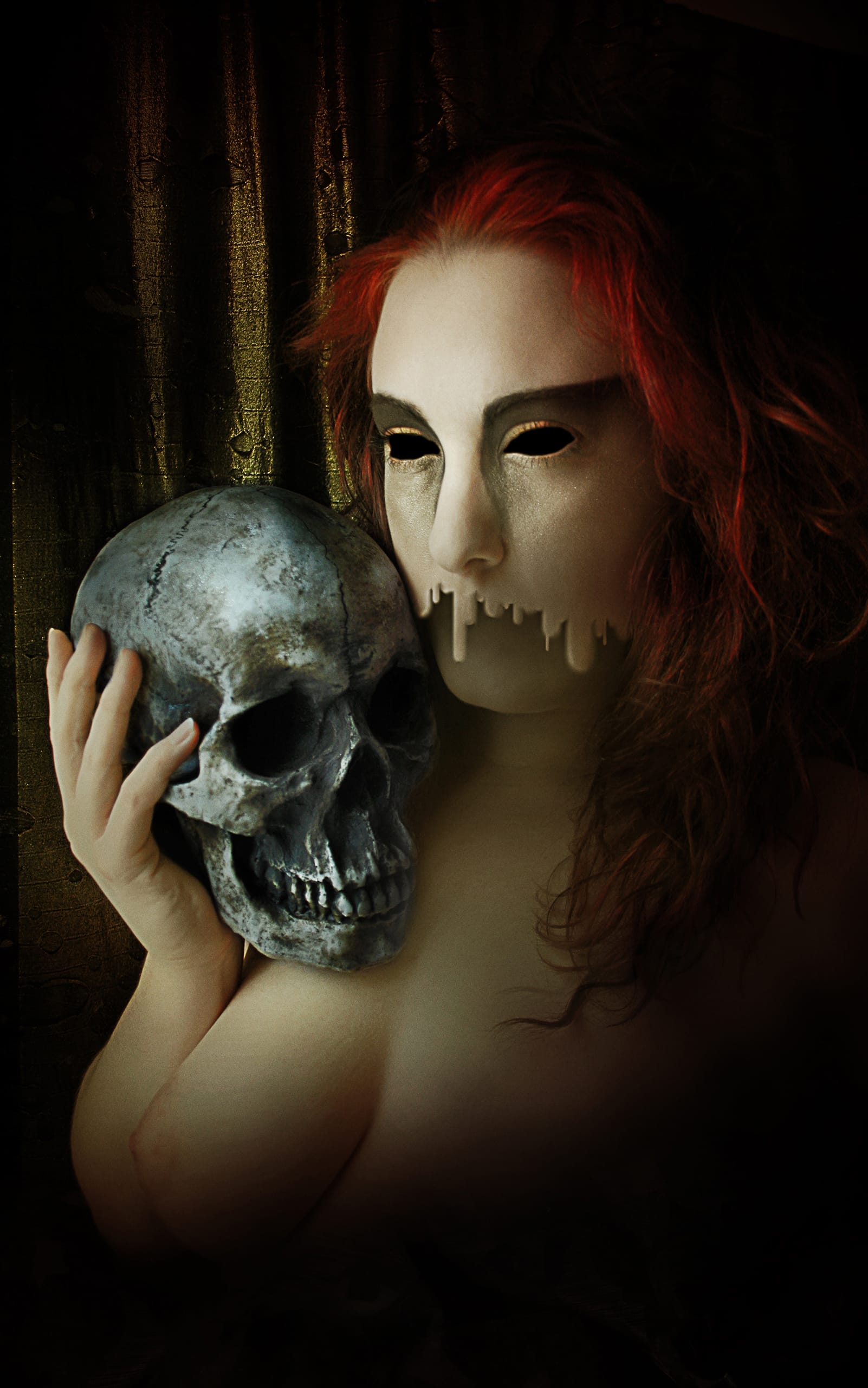 A person with long, red hair holds a human skull close to their face, evoking an eerie Lamenting Madonna. They wear a smooth, expressionless mask with a melted, dripping effect over the mouth area. The dark and shadowy background intensifies the haunting atmosphere.
