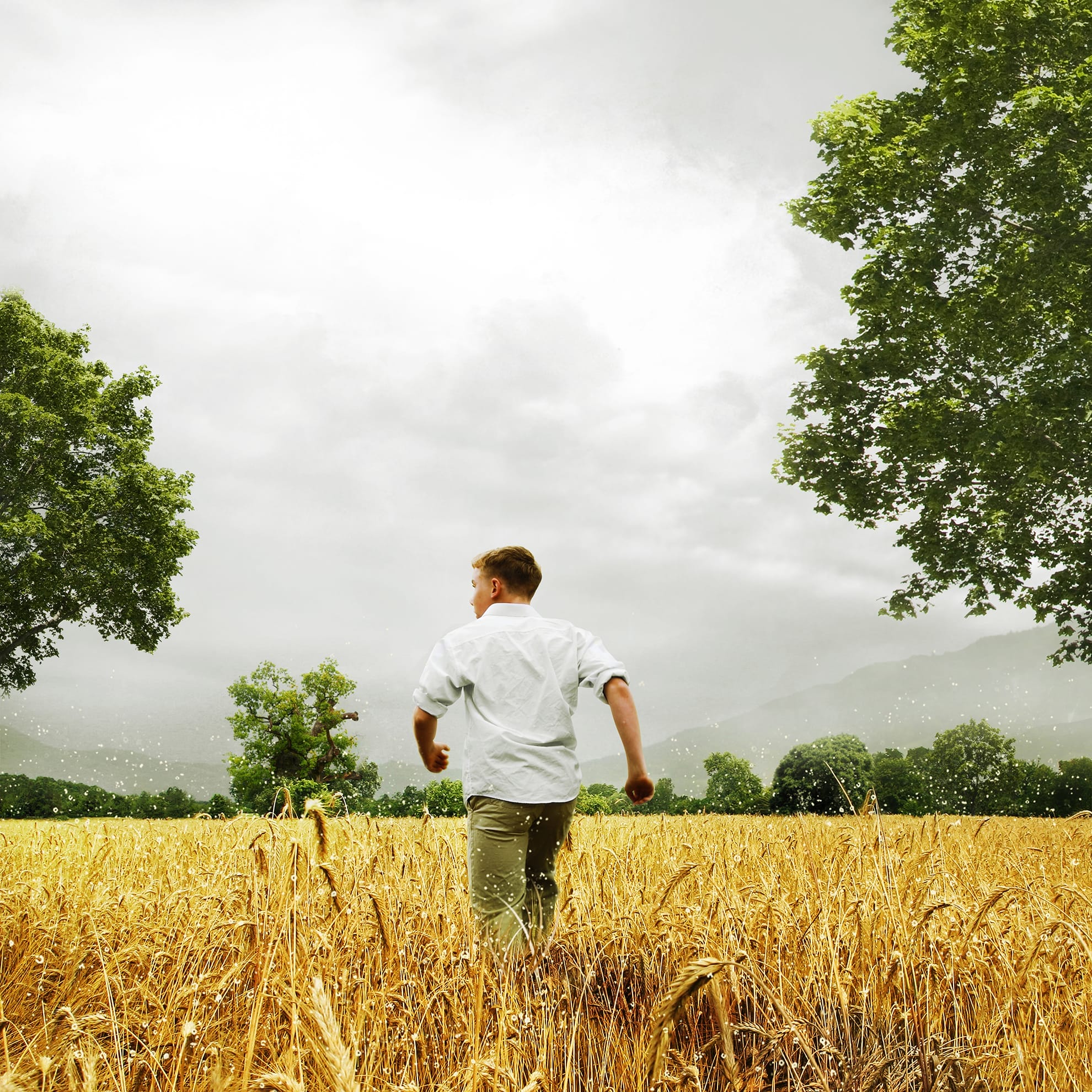 A person with short hair, wearing a white shirt and khaki pants, is running through a golden wheat field. They are framed by trees under large skies filled with storm clouds. The background shows tall trees and a mountainous landscape under an overcast sky.