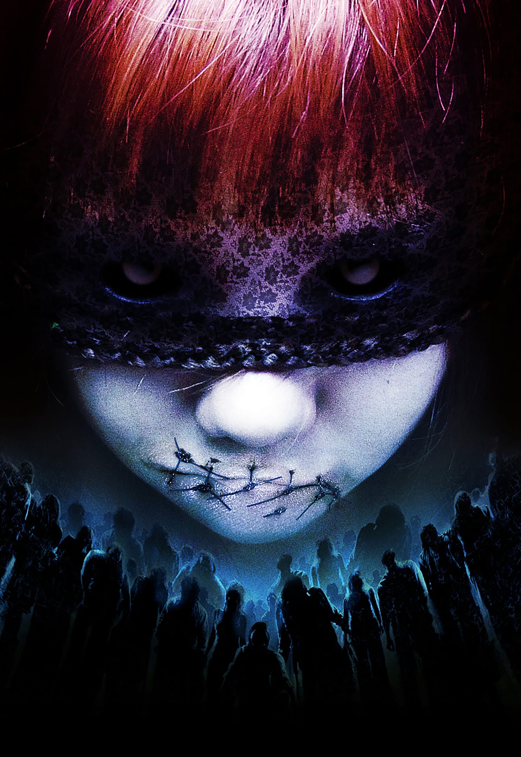 A surreal image features a close-up of a face partially obscured by a textured, dark band over the eyes. The person's mouth is stitched shut with thread, leaving a scar. The background depicts a crowd of shadowy, ghost-like figures, adding to the eerie, haunting atmosphere of the artwork.