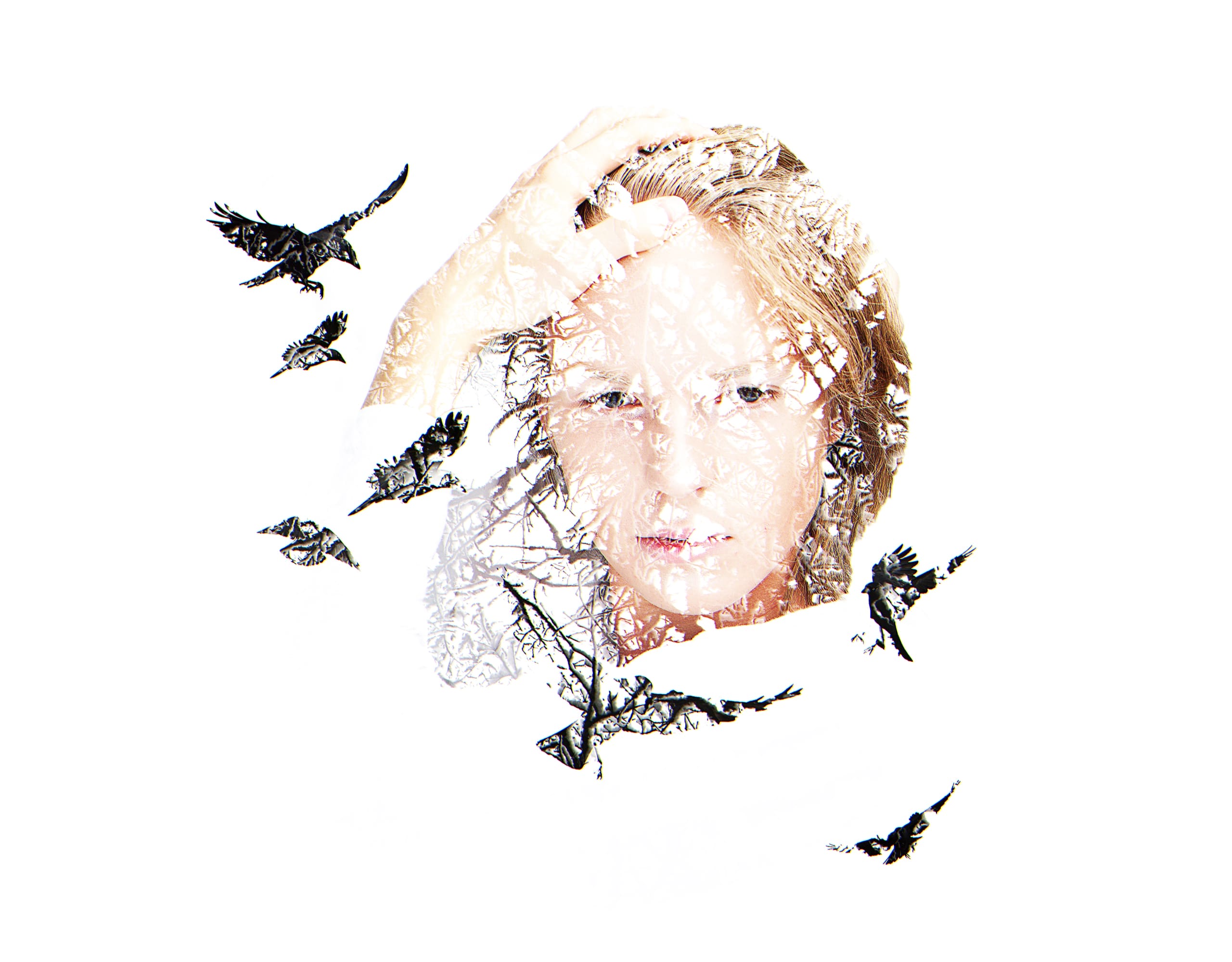 A double exposure image featuring a woman's face overlaid with an intricate tree branch pattern. She holds one hand on her forehead. Black birds are let slip into the composition, creating an ethereal and artistic effect on a white background.