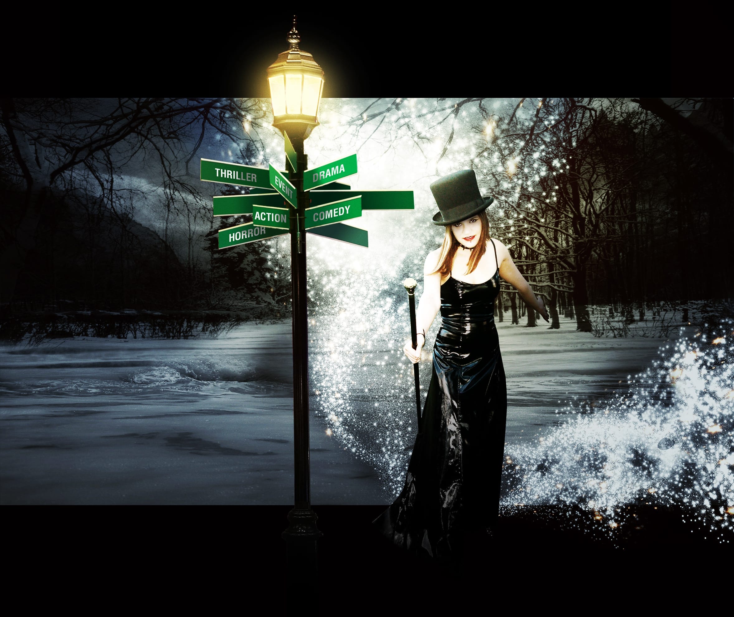 A woman in a black dress and top hat stands under a glowing streetlamp in a snowy landscape. She holds a staff, with light and sparkles swirling around her. A green signpost nearby points in various directions labeled Thriller, Drama, Action, Comedy, and Horror, surrounded by snow-covered trees.
