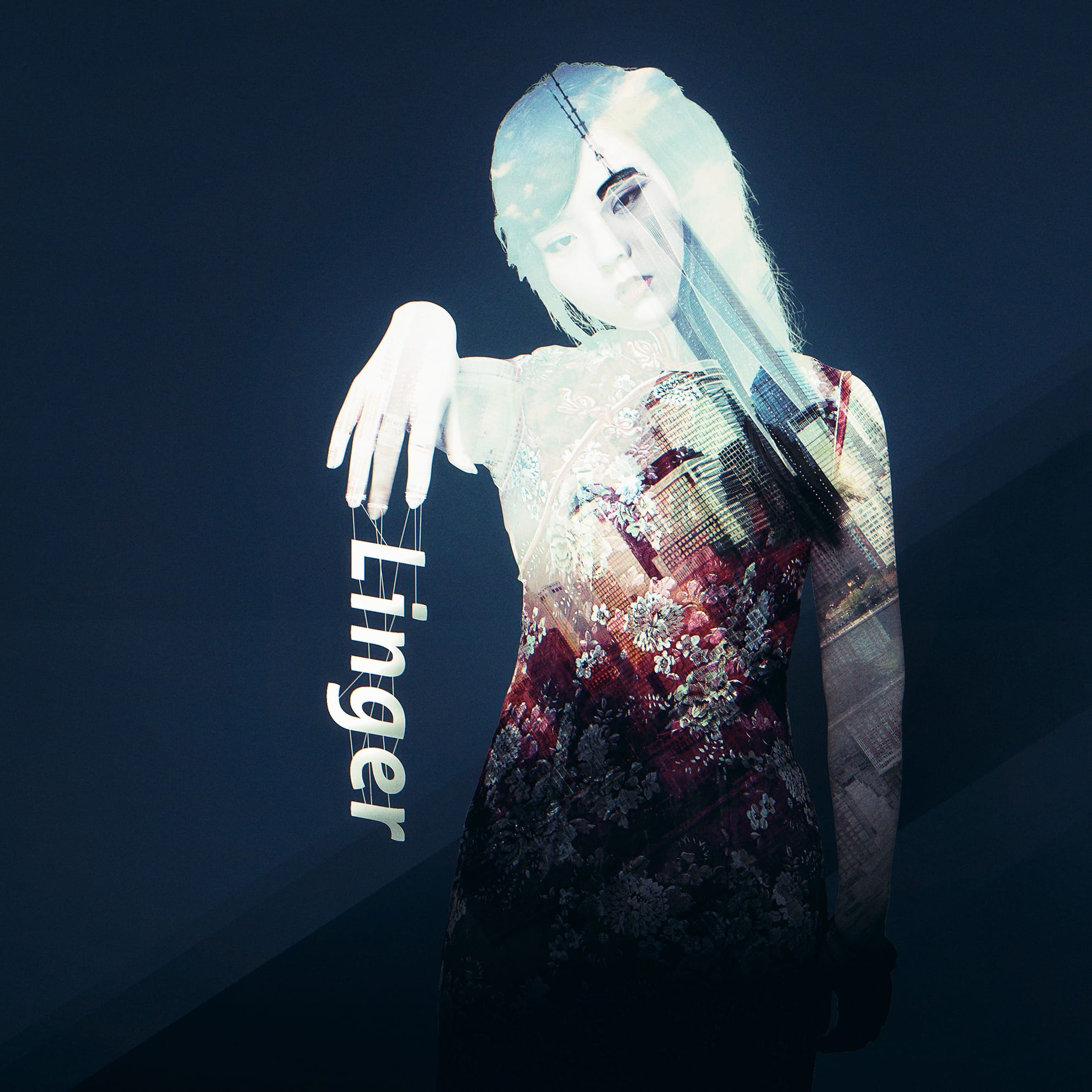 A woman stands against a dark background, layered with urban cityscape imagery. Her arm is extended with the word "Linger" beside it. She wears a floral dress, and the image has a double-exposure effect, blending her figure with city buildings. The overall tone is moody and artistic.