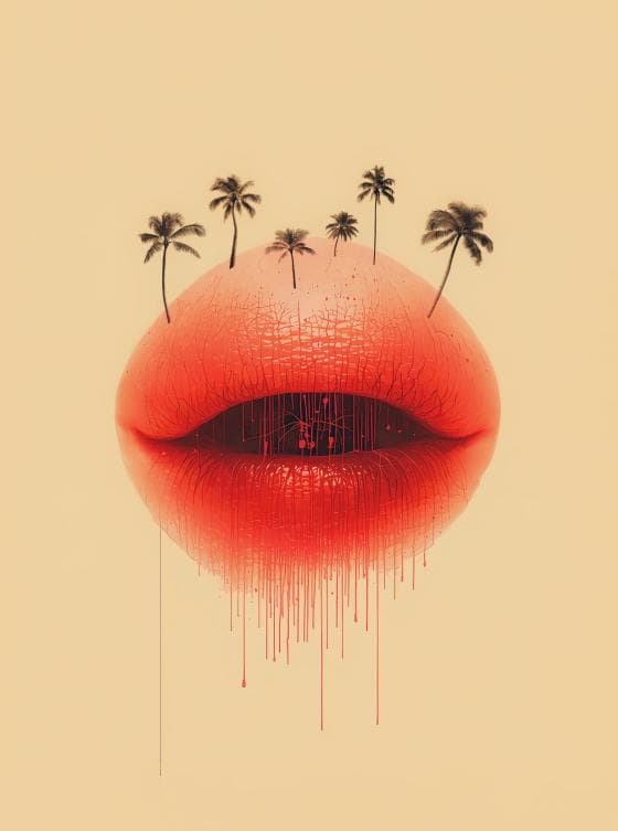 A surreal image featuring a large, glossy red lip with palm trees growing from the top. The lips appear to be dripping red paint, creating a melting effect. The background is a soft beige, enhancing the vivid color and surreal elements of the artwork.