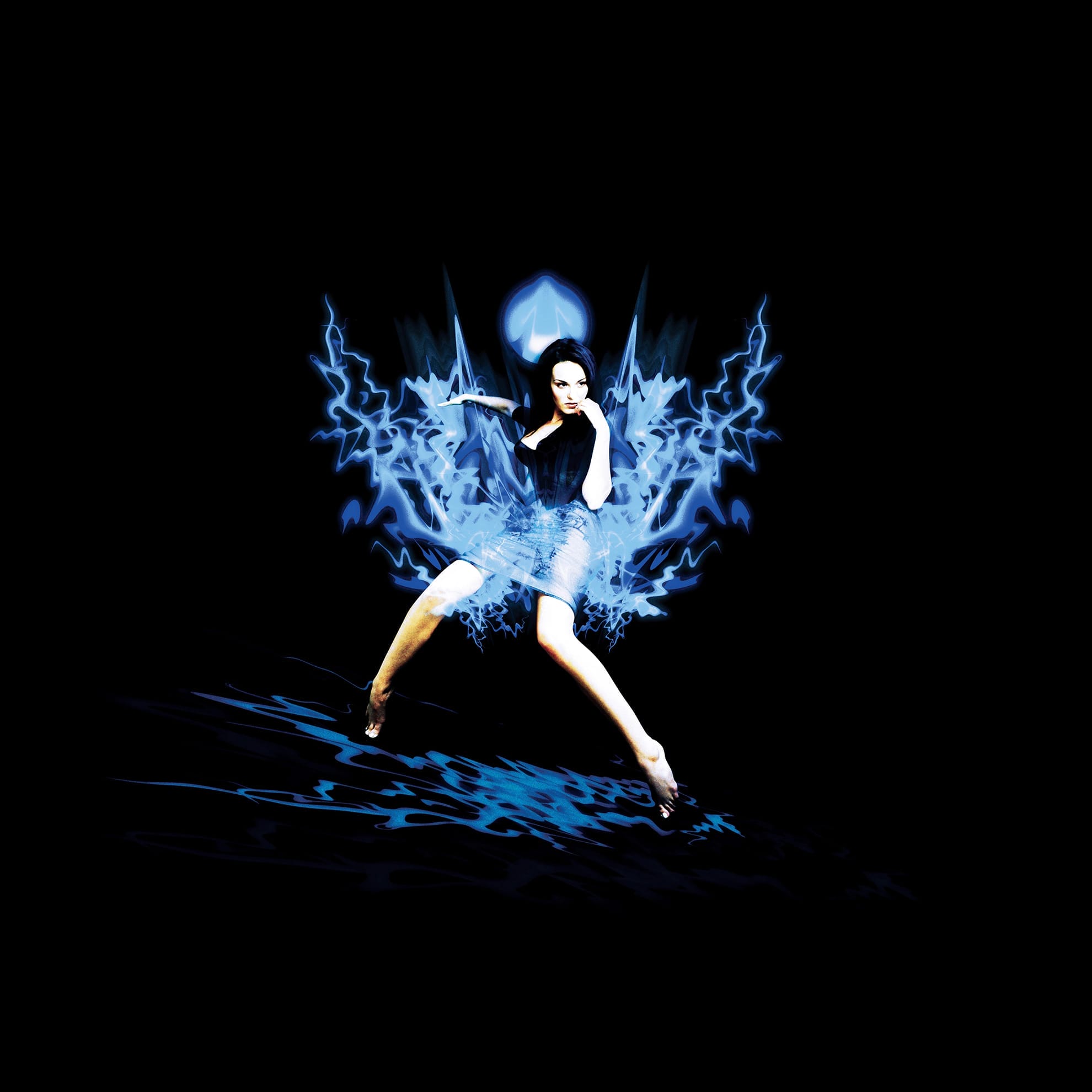 A woman in a black dress strikes a dynamic martial arts pose against a black background. Blue electric energy emanates from her form in jagged, lightning-like patterns, creating a vivid contrast. Her stance is powerful, with one leg extended and arms poised for action.