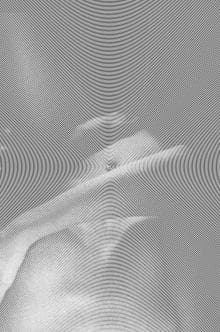 Intricate black and white optical illusion featuring concentric circles creating a hypnotic, tunnel-like effect. The overlapping lines form a distorted, wave-like pattern in the center, giving a sense of depth and motion within the static image.