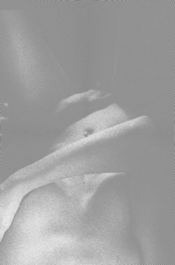 Intricate black and white optical illusion featuring concentric circles creating a hypnotic, tunnel-like effect. The overlapping lines form a distorted, wave-like pattern in the center, giving a sense of depth and motion within the static image.