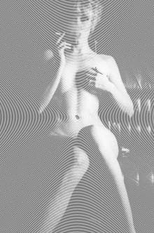 A grayscale image from the Madam Moiré series features overlapping concentric circular lines creating an optical illusion effect. Within the circles, the faint outline of a person holding a cigarette with one hand while the other covers their chest is visible, giving a hypnotic, swirling appearance.
