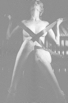 An abstract image from the Madam Moiré Series features a person with a visually striking spiral pattern overlaying the entire scene. The person appears to be in motion, and the spirals converge at the center, creating a dizzying, hypnotic effect. The dark background enhances the high contrast of the spirals and figure.