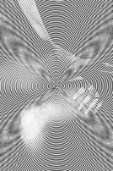 The image features a close-up of a hand resting on an abstract, circular, black-and-white pattern. The pattern consists of evenly spaced concentric circles that create a hypnotic, swirling effect. Part of the Madam Moiré series, the hand appears blurred, blending slightly into the intricate design of the background.