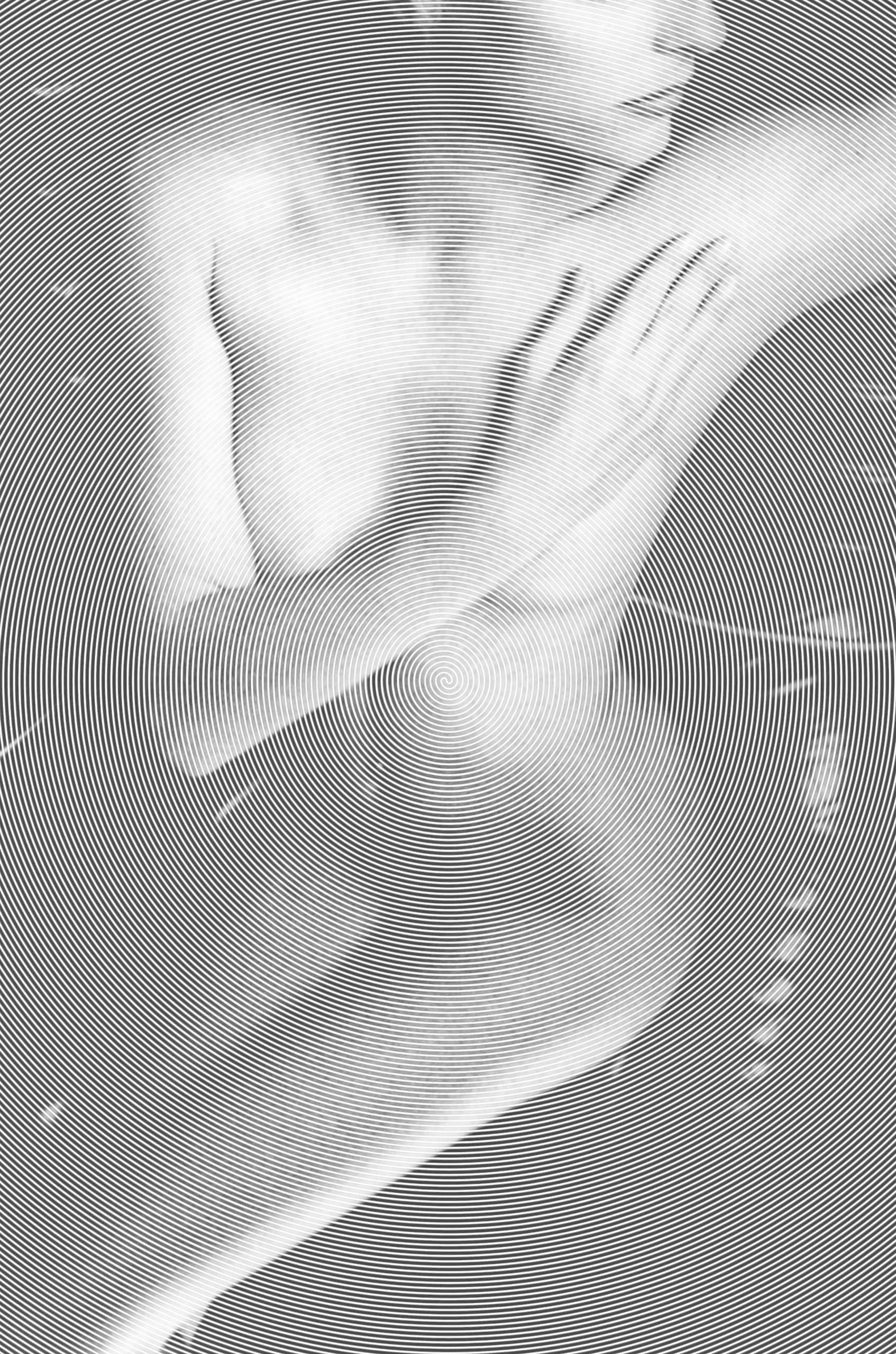 An abstract, monochromatic image from the Madam Moiré series portrays a woman's upper body in a pose with one arm crossed and her hand placed near her shoulder. The image consists of fine concentric lines varying in density, forming a hypnotic pattern and giving the whole composition a textured, optical illusion effect.