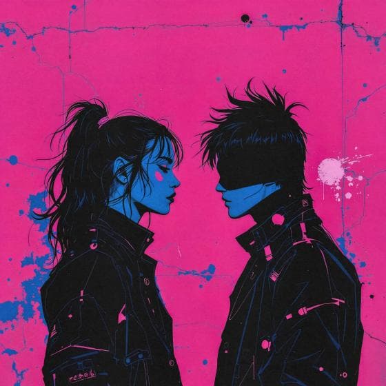 Illustration of two edgy, stylized characters in profile set against a vibrant pink, cracked texture background. One has long hair in a ponytail; the other, short, spiky hair with a blindfold. Both wear dark jackets. Blue and black coloring contrasts with the pink backdrop, adding a dramatic effect.