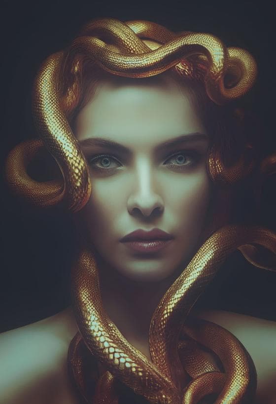 A woman with pale, glowing skin gazes directly ahead. Her intense green eyes are framed by thick, golden snakes instead of hair, coiling around her head and neck. The dark background contrasts with the radiant texture of the serpents, enhancing the mystical and otherworldly ambiance.