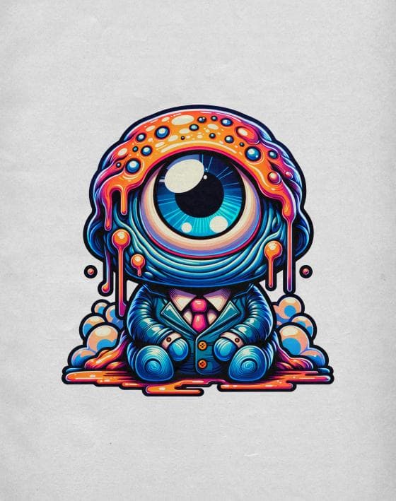 A colorful, cartoonish cyclopean creature with a large blue eyeball sits in a suit. The top of its head appears to be melting, with vibrant orange and pink drips. The creature sits on a cloud-like base, creating a whimsical and surreal appearance.
