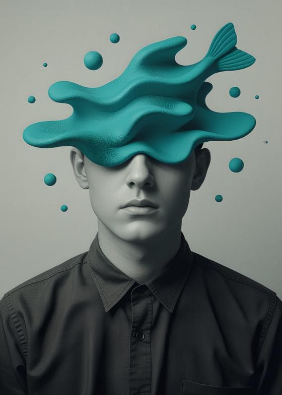 A young person in a buttoned shirt faces forward with a surreal, teal, fish-shaped splash partially obscuring their eyes and forehead. Teal bubbles float around the head. The image uses muted, cool tones for a dreamlike effect.