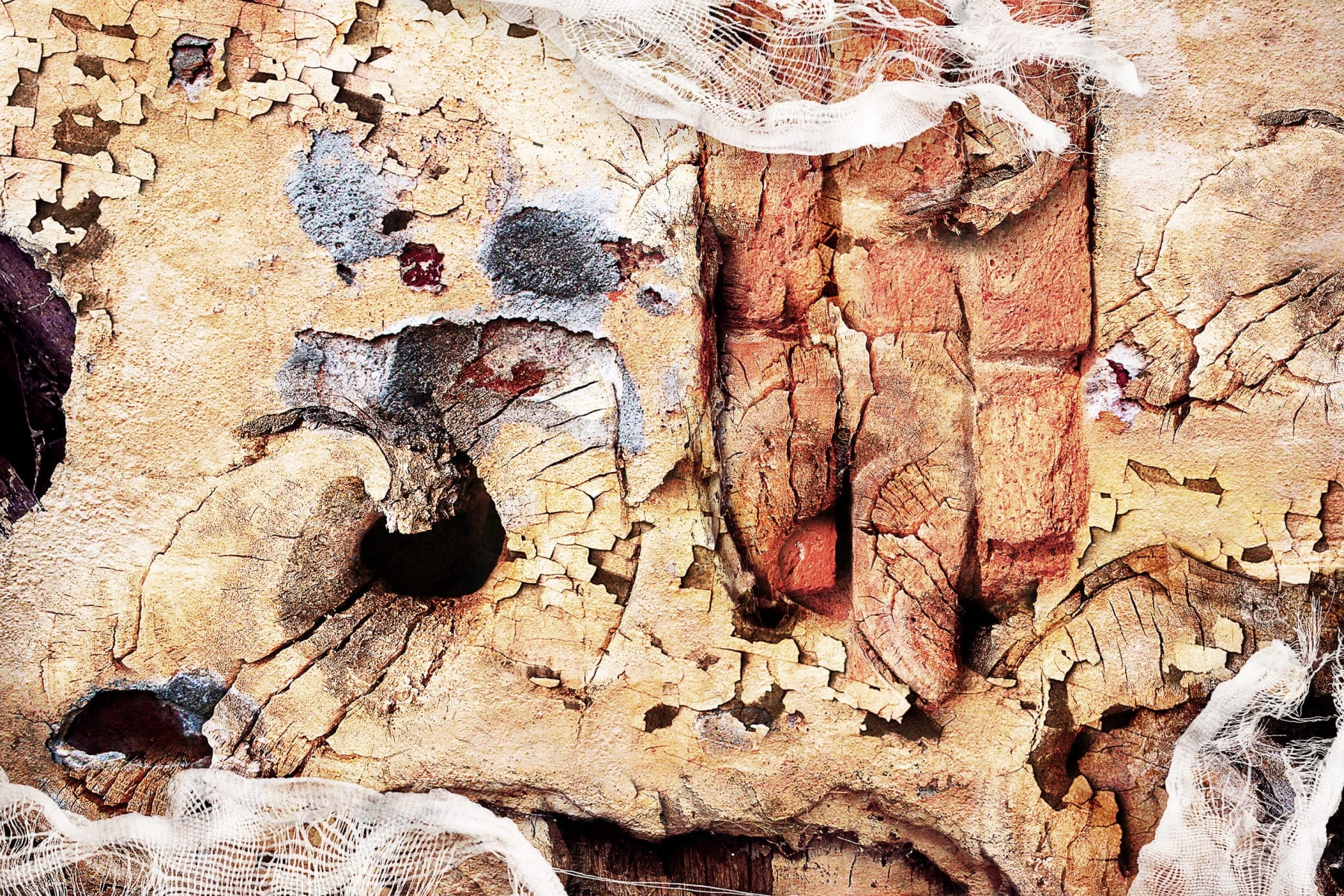 An abstract art piece features a textured and cracked surface in shades of brown, beige, and red with some black and white areas. There are varied patterns and shapes that resemble natural erosion or weathered materials. White net-like fabric fragments accentuate the artwork's aged effect, evoking the essence of being On Shore.