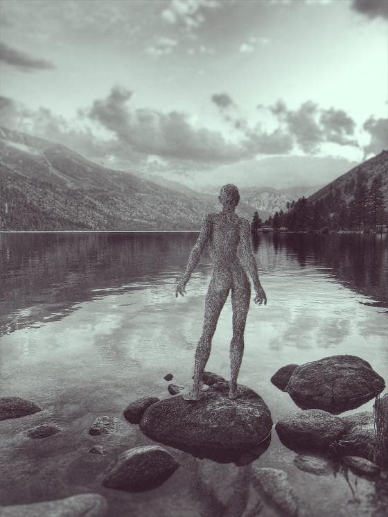 A grayscale image depicts a humanoid figure made of a textured, organic material standing on a rock in a calm, reflective lake. The figure faces away, surrounded by the beauty of a peaceful mountainous landscape with a cloudy sky. Rocks in the lake enhance the serene, natural atmosphere.