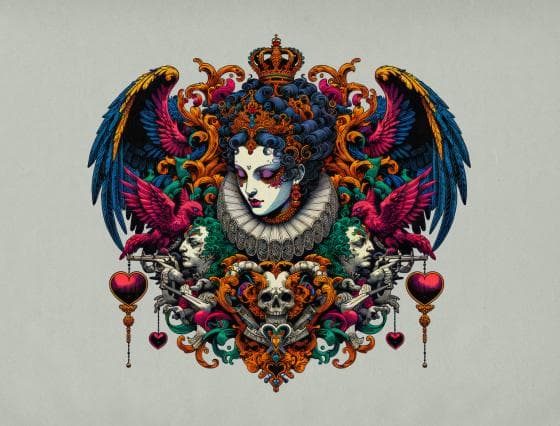Ornate illustration featuring a crowned, wavy-haired figure with a ruffled collar. Surrounded by vibrant wings, skulls, and floral elements in vivid blues, reds, and oranges. Two heart motifs with swords and intricate scrollwork complete the symmetrical design on a light background.