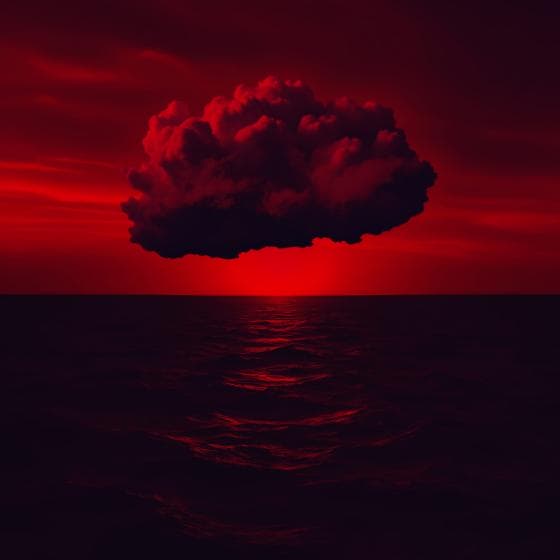 A dark, ominous cloud hovers over a vast, reflective ocean under a red sky. The water shimmers with red hues, capturing an eerie yet captivating atmosphere. The cloud's distorted shape adds drama to the monochromatic scene, suggesting a mysterious ambience.