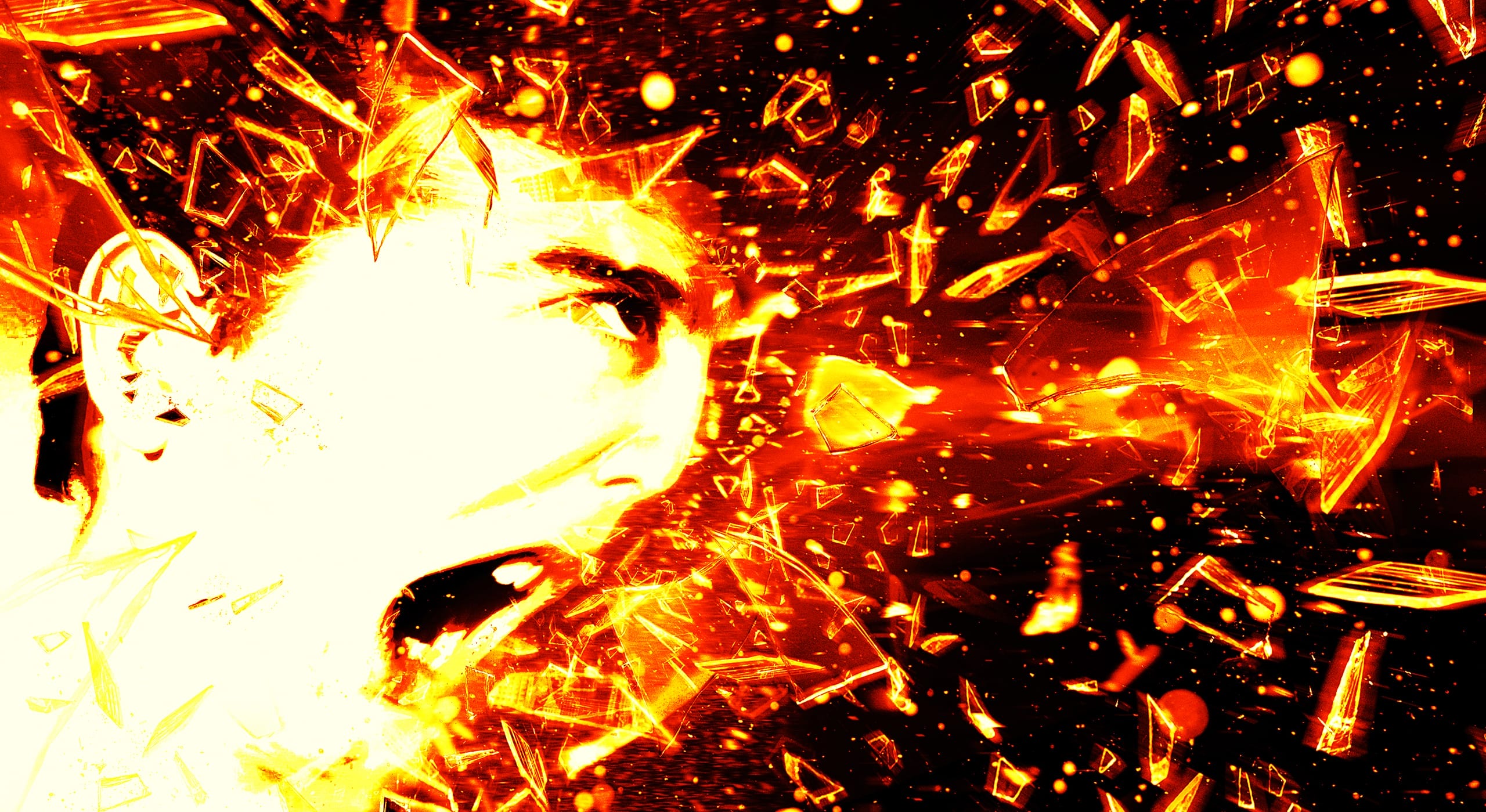 A digital artwork shows a person in profile view, with their mouth open in a scream. Surrounded by vivid, abstract shards of orange and yellow light, the background is filled with dynamic, fragmented shapes giving a sense of explosive energy and intensity.