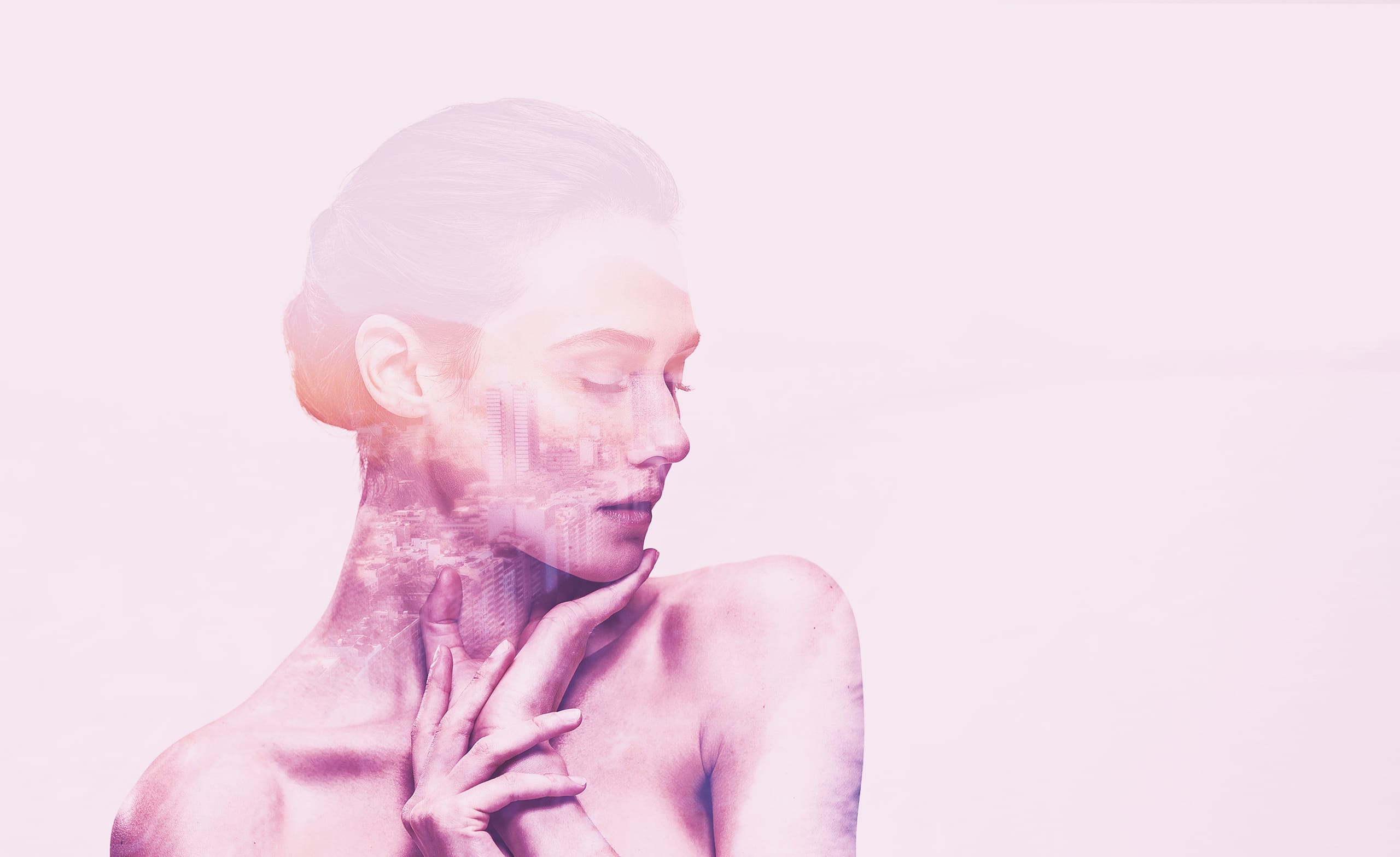 A double exposure image showcases a serene woman with closed eyes, her head turned slightly to the right. Her profile is merged with a cityscape, blending urban elements into her figure against a soft pink background. Her left hand gently touches her neck, adding to the calm, reflective mood of memories.