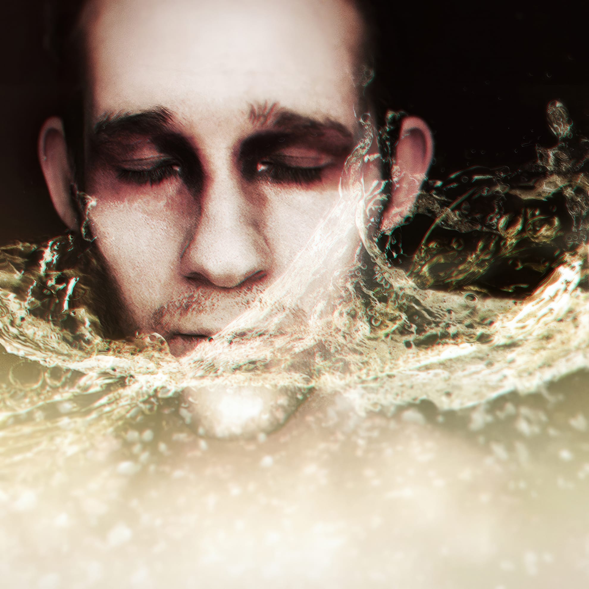 A man's face, with eyes closed and a calm expression, appears half-submerged in refreshing water that creates dynamic, splash-like effects around his head. The lighting casts a soft, ethereal glow on his face, enhancing the serene and dreamlike atmosphere of the image he seems to embrace.