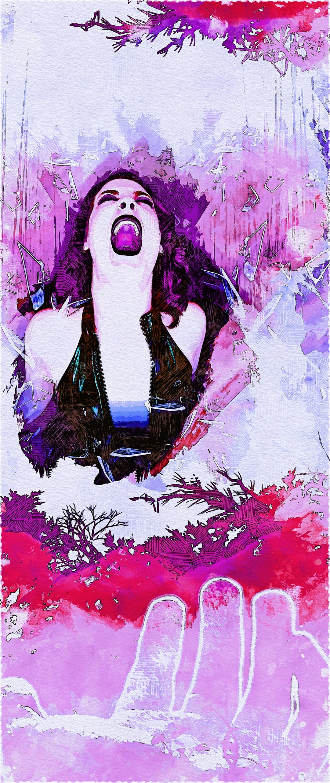 A digital artwork features a woman with an expressive open-mouthed pose against a pink and purple abstract background. Her dark hair flows around her, while jagged and floral patterns surround her. A large handprint with vivid colors is at the bottom, adding a surreal touch.