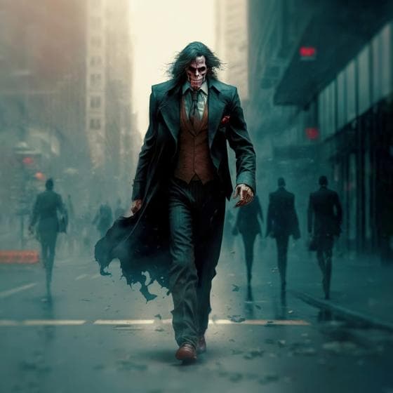 A formal-looking Joker strolling confidently amidst the bustling cityscape, exuding an air of mischief and intrigue.