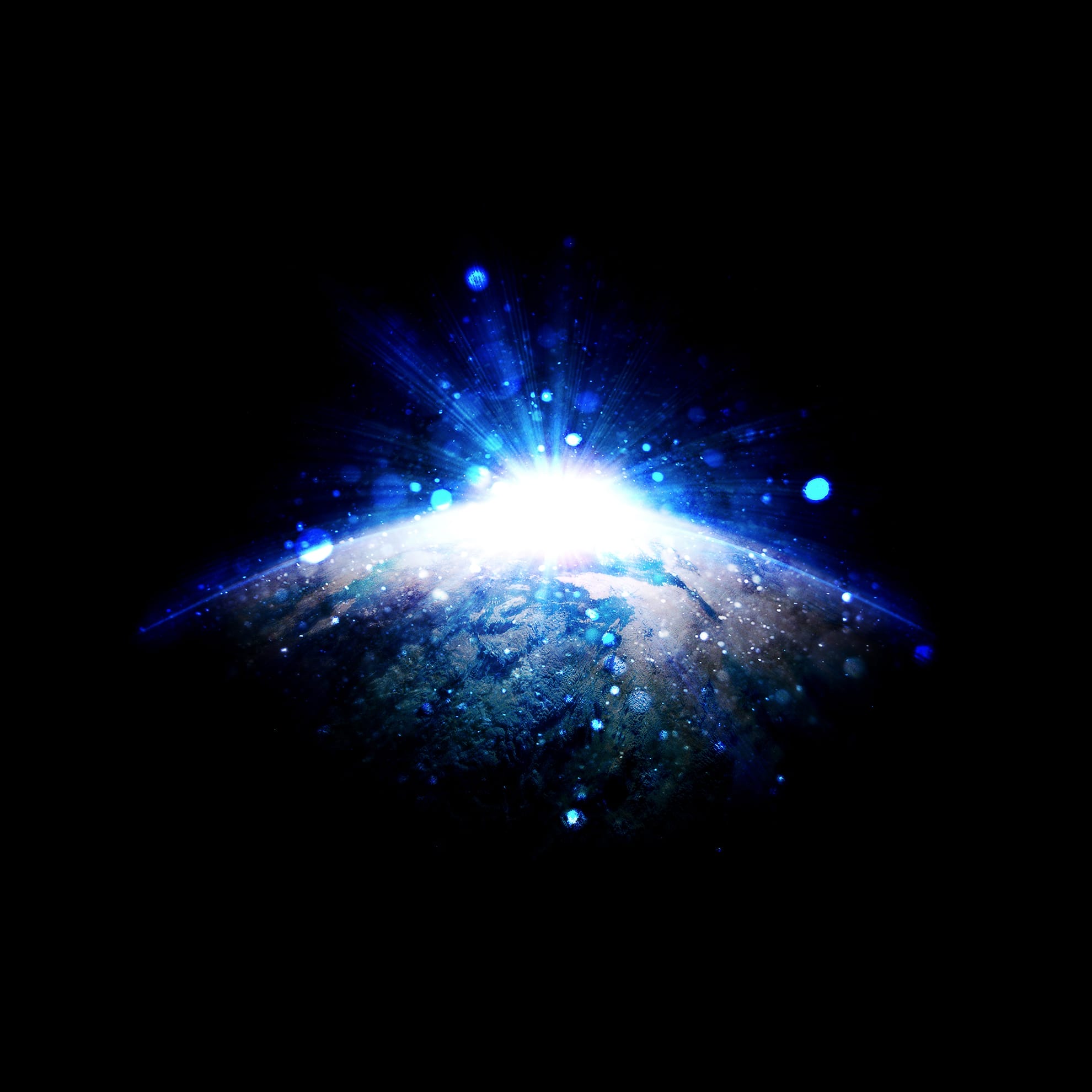 A dramatic view of Sanctus, likely Earth, partially illuminated by a bright blue light that appears to be rising above the horizon. The surrounding space is dark, with an array of small blue particles and beams of light radiating outward, creating a celestial and ethereal effect.