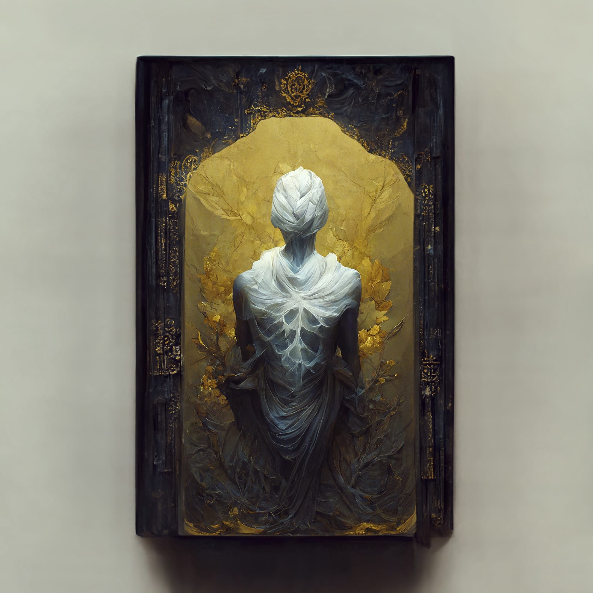 A detailed illustration of an ancient, ornate book with a mystical, ethereal figure on its cover. The figure, draped in flowing, translucent cloth, stands with its back turned, surrounded by golden light and intricate floral patterns resembling delicate roses. The book's edge features elaborate gold detailing akin to grains of sand.